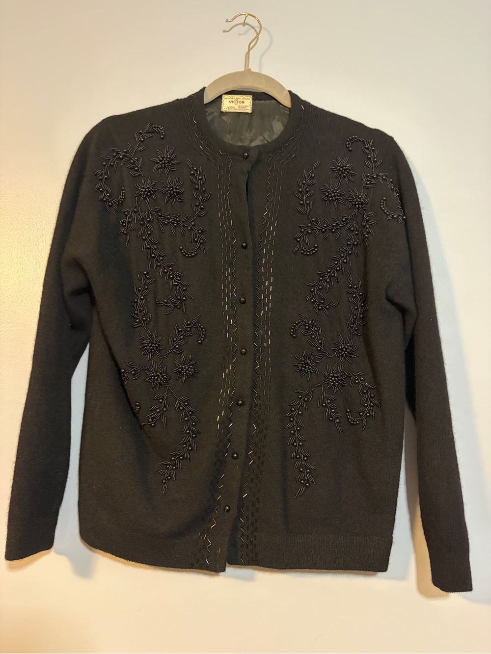Vintage Beaded Crewneck Cardigan Sweater - Black M